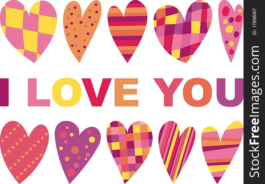 Colored hearts in a striped, checkered, polka-dot