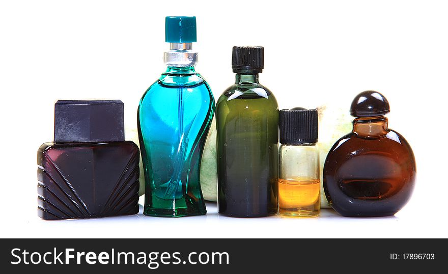 Natural perfume bottles isolated on white background looking beautiful.