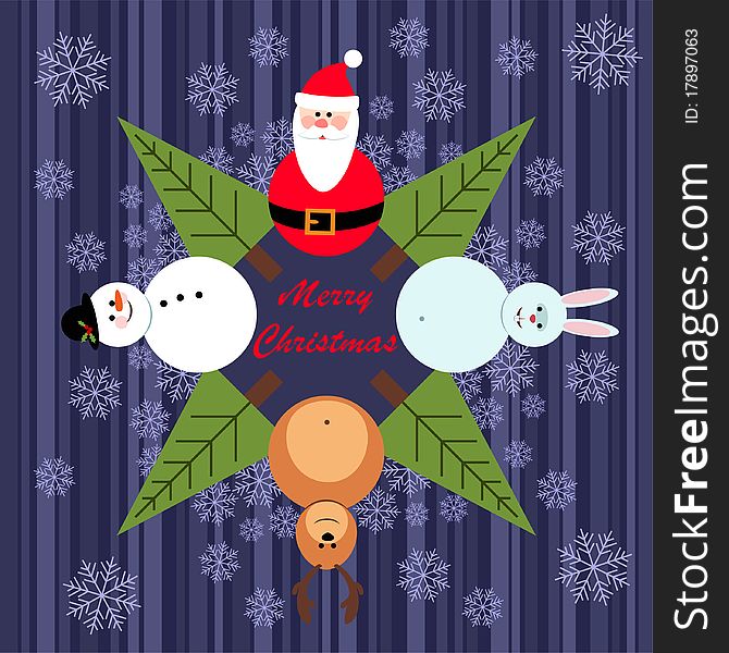 Christmas card with Santa Claus, snowman, rabbit and deer