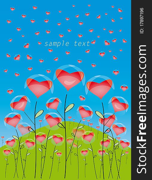 Background with red hearts  on blue sky