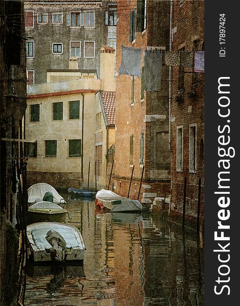 Small canal in Venice with boat, maked in old painting style. Small canal in Venice with boat, maked in old painting style