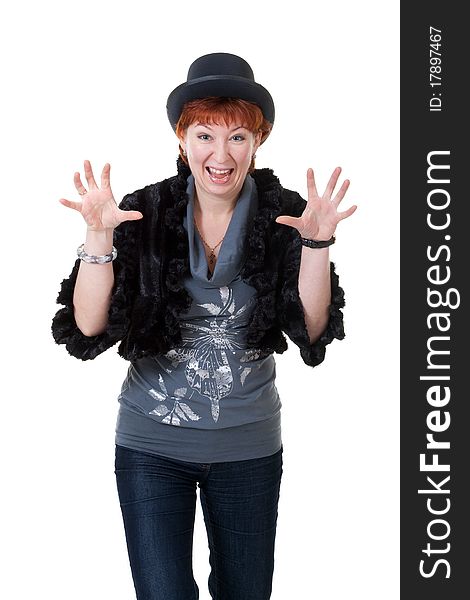 Girl in the bowler hat and a fur coat