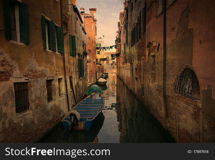 A canal in Venice retouched as oil painting. A canal in Venice retouched as oil painting