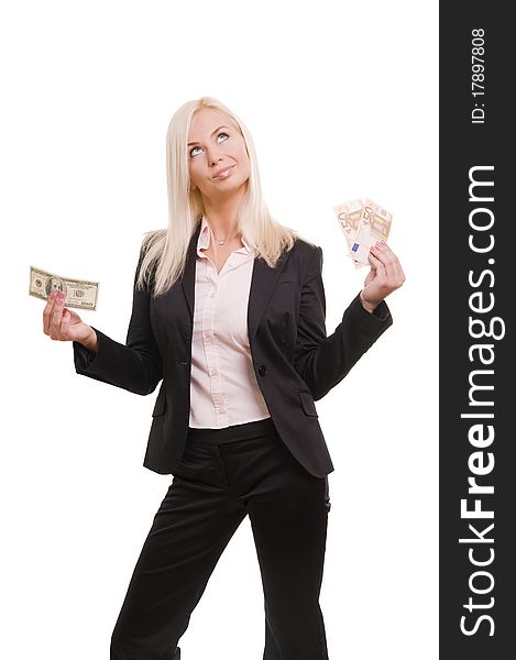Young business woman holding euro in one hand and dollars in another. Young business woman holding euro in one hand and dollars in another
