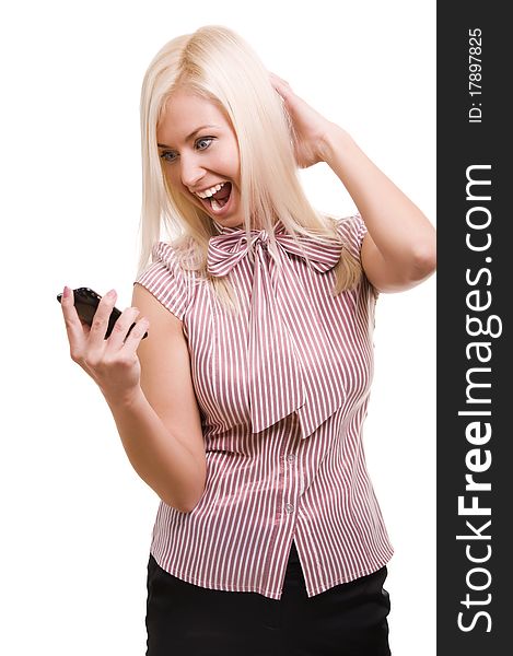 Angry business woman yells while on cell phone isolated on white.