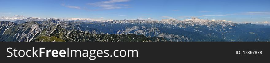 Panorama of Slovenians mountains - Julian Alps in very nice weathe. All mountains are visible. Panorama of Slovenians mountains - Julian Alps in very nice weathe. All mountains are visible