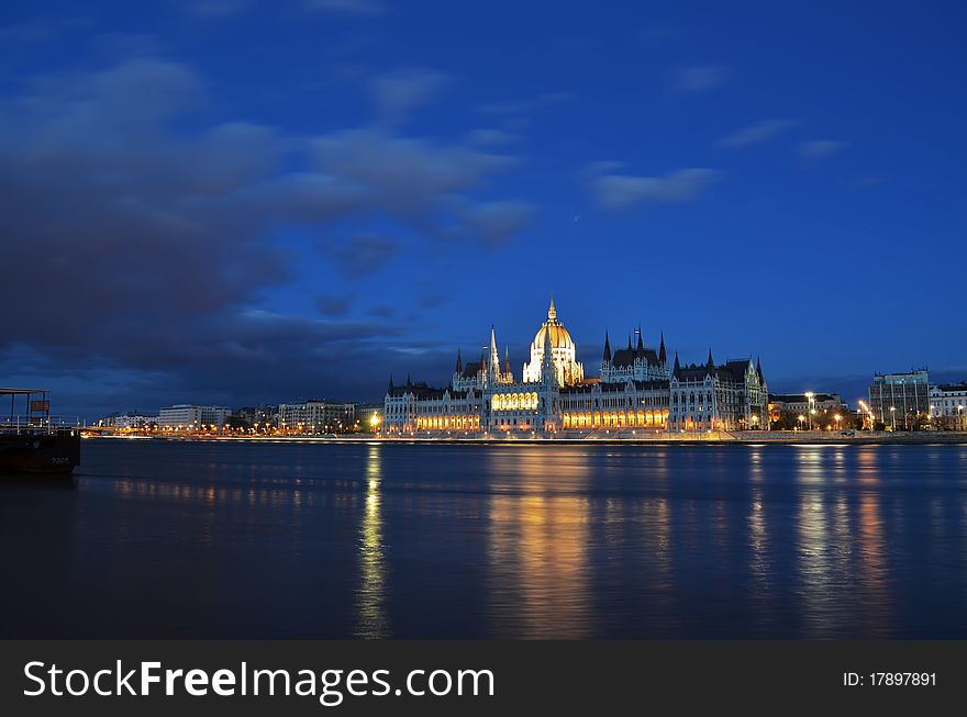Budapest parliament building on the Danube banks at night. Budapest parliament building on the Danube banks at night