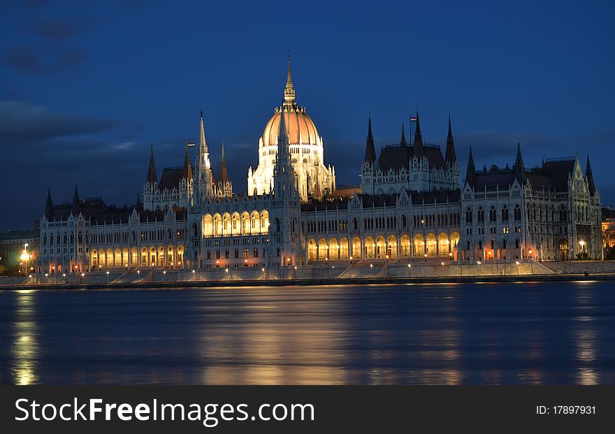 Budapest parliament building on the Danube banks at night. Budapest parliament building on the Danube banks at night