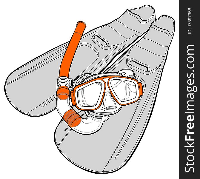 Set of diving - flippers and a mask with a tube