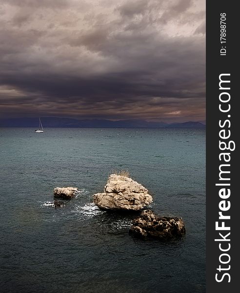 A photograph of the Ionian sea on a cloudy, stormy day. A photograph of the Ionian sea on a cloudy, stormy day