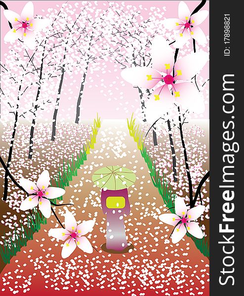 Lady in kimono walking through path full of cherry blossom flowers. Additional format EPS AI8 included. Lady in kimono walking through path full of cherry blossom flowers. Additional format EPS AI8 included.