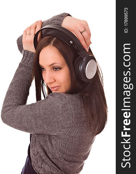 Photo of dancing woman with headphones on isolated background