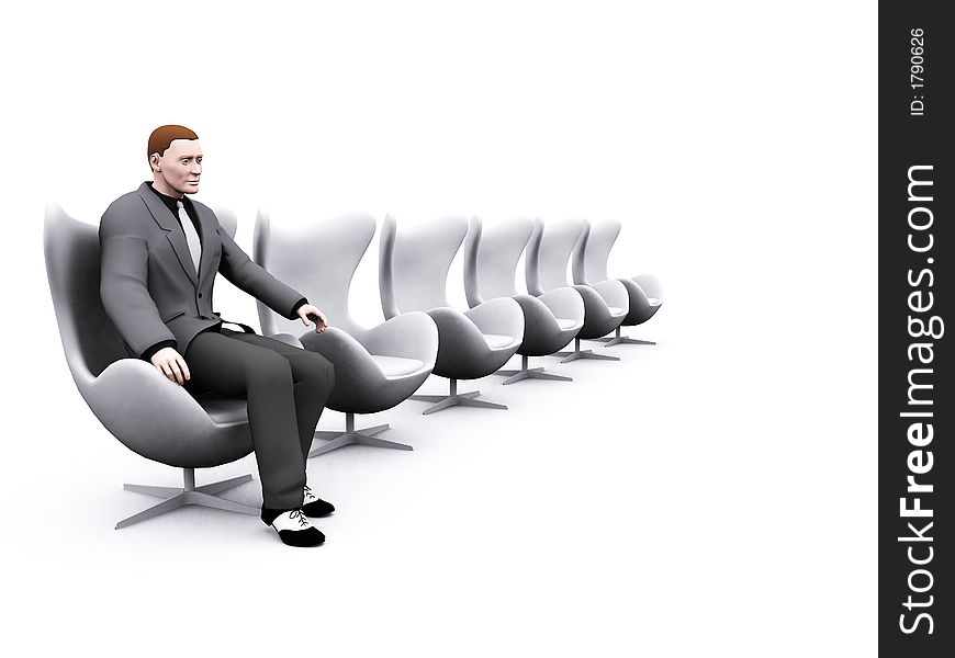 A businessman is sitting by himself in a row of chairs. A businessman is sitting by himself in a row of chairs