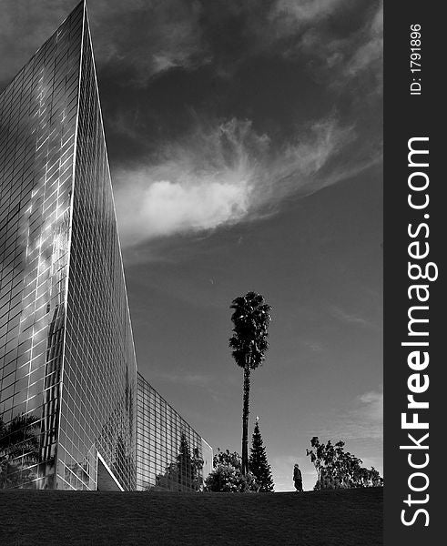 Black and white landscape portrait of Crystal Cathedral at Garden Grove, California