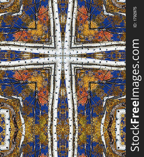 Kaleidoscope cross from photo of tall aspens in autumn, Colorado. Kaleidoscope cross from photo of tall aspens in autumn, Colorado