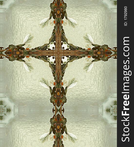 Kaleidoscope cross from photo of cedar tree with ivy, icy pond background. Kaleidoscope cross from photo of cedar tree with ivy, icy pond background