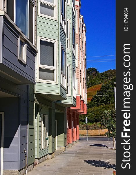Colorful row of modern apartment buildings in san francisco ca