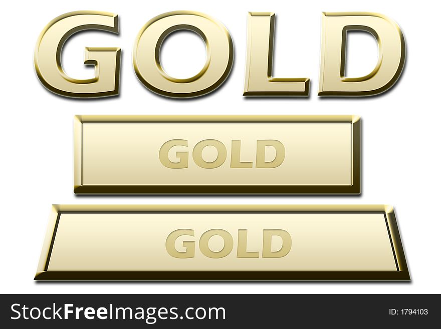 Gold, golden sign, symbol and gold, golden brick, bar on white background