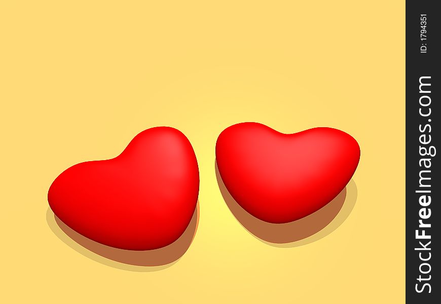 Two 3D hearts on a yellow background (postcard)