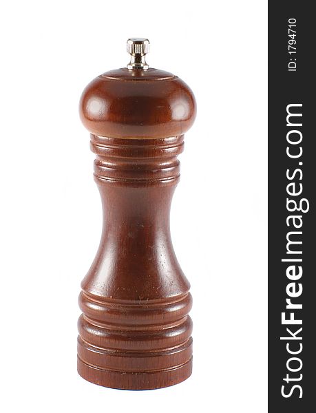 Wooden pepper mill isolated over white background