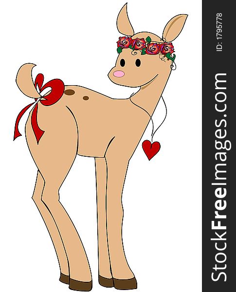 Cute little fawn dressed up in a red tail bow, a rose tiara, and a heart pendant necklace. Very sweet and heart warming. Cute little fawn dressed up in a red tail bow, a rose tiara, and a heart pendant necklace. Very sweet and heart warming.