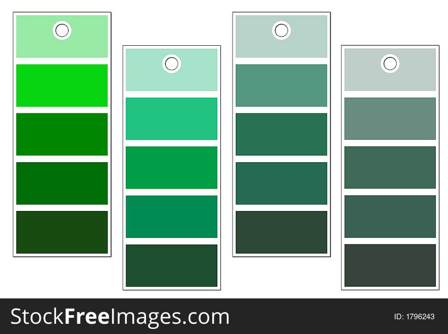 Green color stirp sample cards. Isolated on white - select, extract and use as you wish. Green color stirp sample cards. Isolated on white - select, extract and use as you wish.