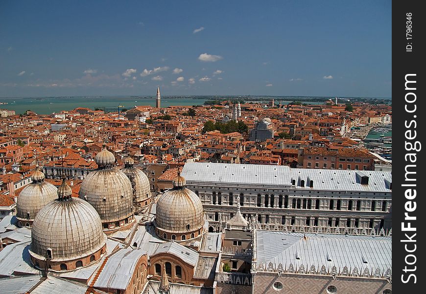An aerial view of Venice city from bell tower in San Marcus Square