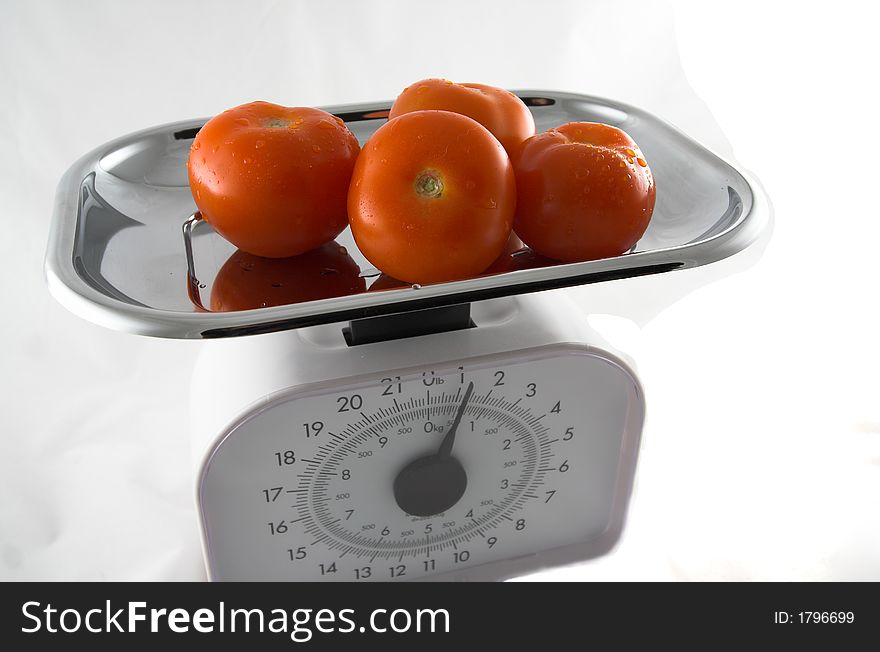 These are some Tomatos on a Kitchen Scale, Clean Background