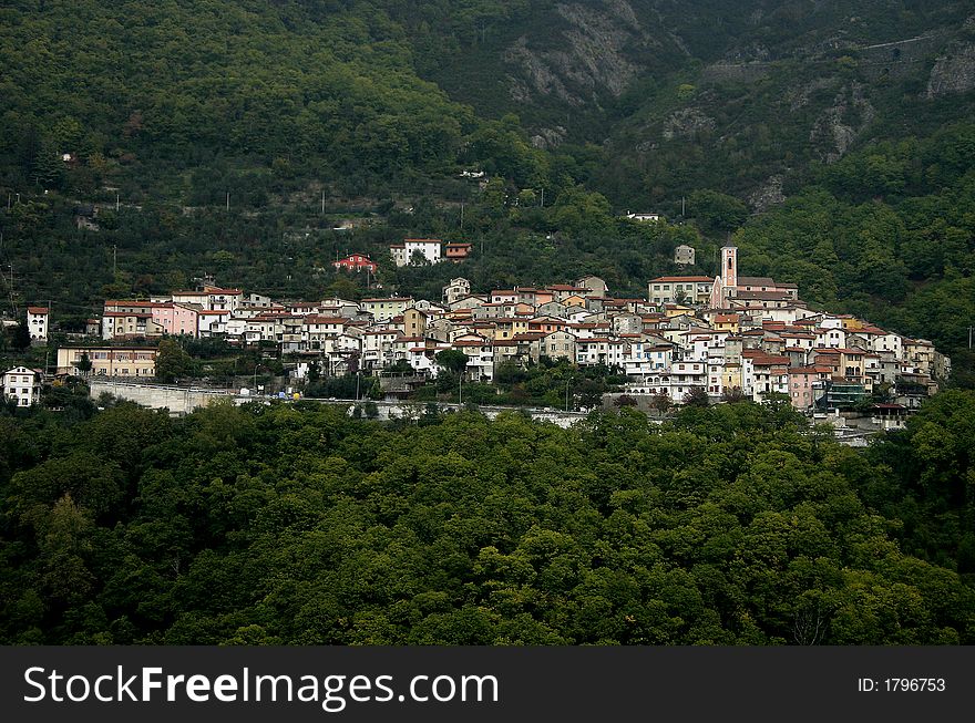 A view of a village on a mountain, Carrara, Italy.