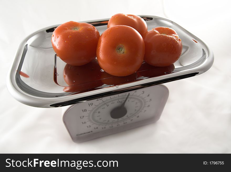 These are some Tomatos on a Kitchen Scale, Clean Background