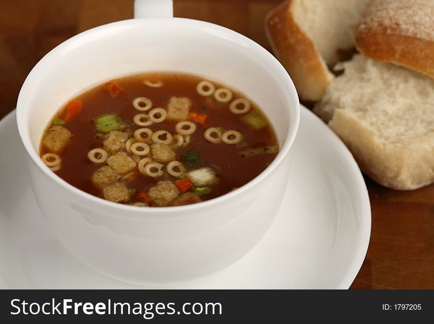 Cup of minestrone soup with croutons. Cup of minestrone soup with croutons