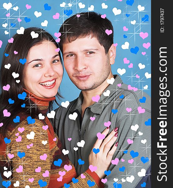 Happy couple surrounded by rendered hearts