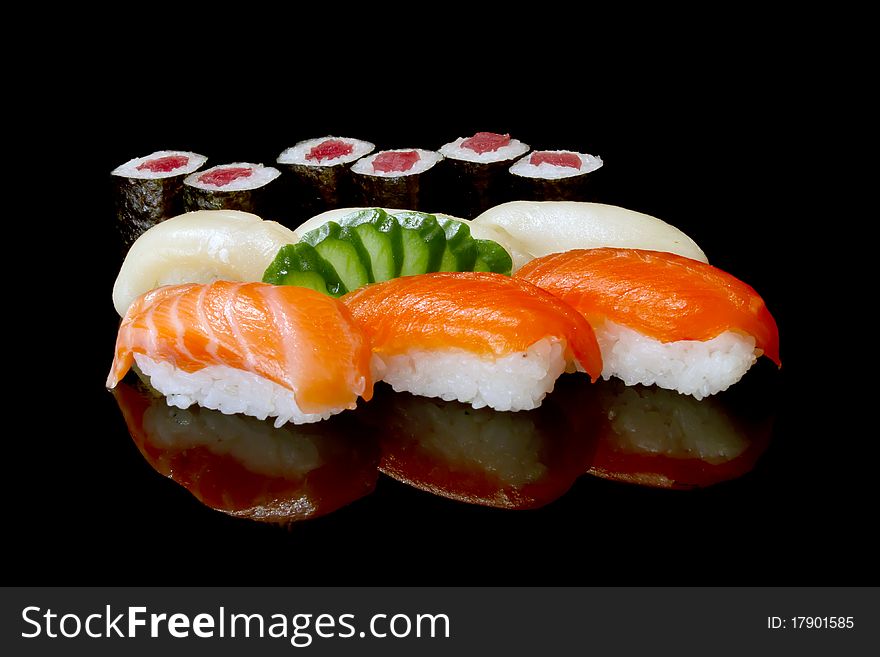 Japanese sushi ready to eat isolated on black