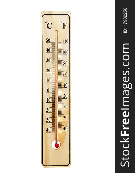 Wooden thermometer. Isolated on white background