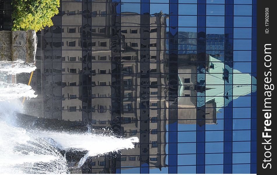 Vancouver, Canada, Canada Place, reflection of buildings, downtown, fountains, modern buildings port side