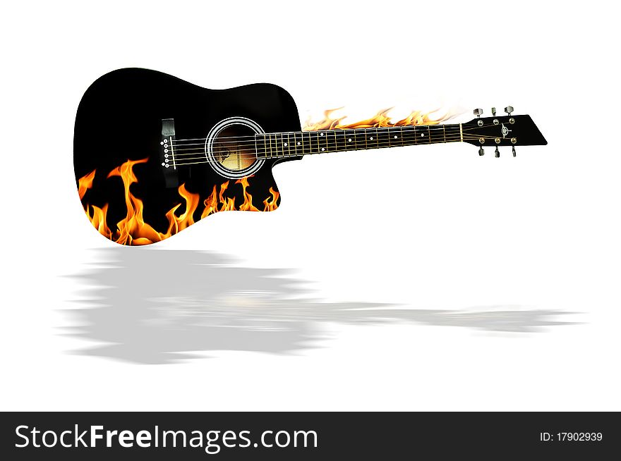 Black horizontal acoustic guitar isolated on white background with a reflection and orange fire on the body.