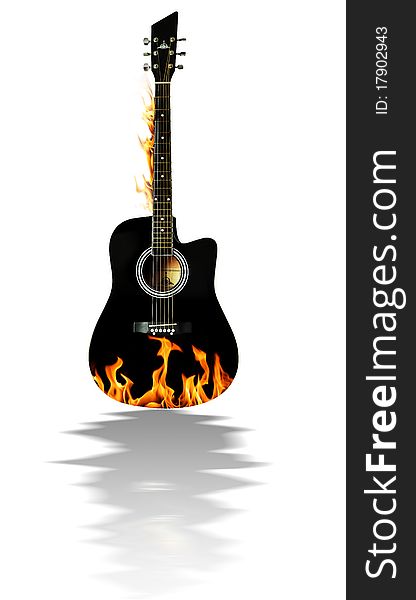 Black horizontal acoustic guitar isolated on white background with a reflection and orange fire on the body.