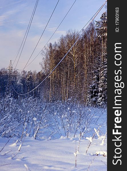 Winter landscape with electric power line