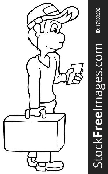 Boy with Suitcase - Black and White Cartoon illustration, Vector