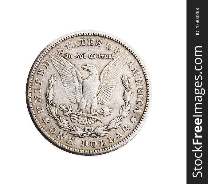 Old coin in one silver dollar (on a white background)