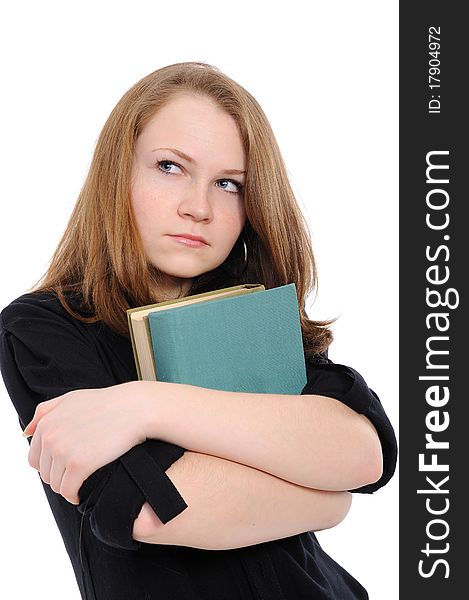 Girl with books, reflects,on a white background