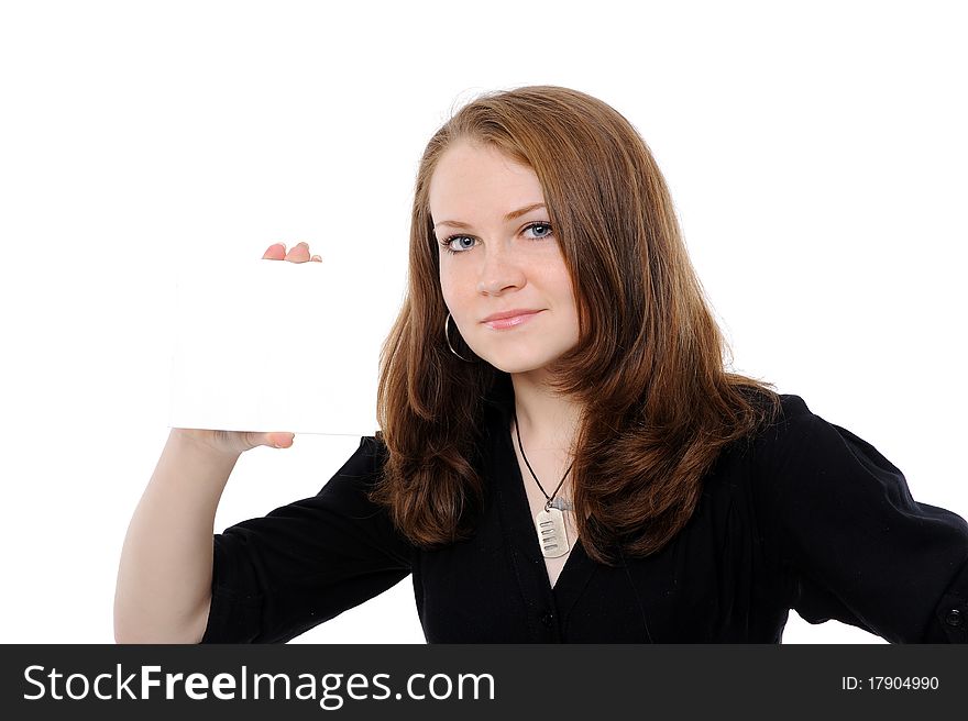 Young woman holding empty white board. On a white background