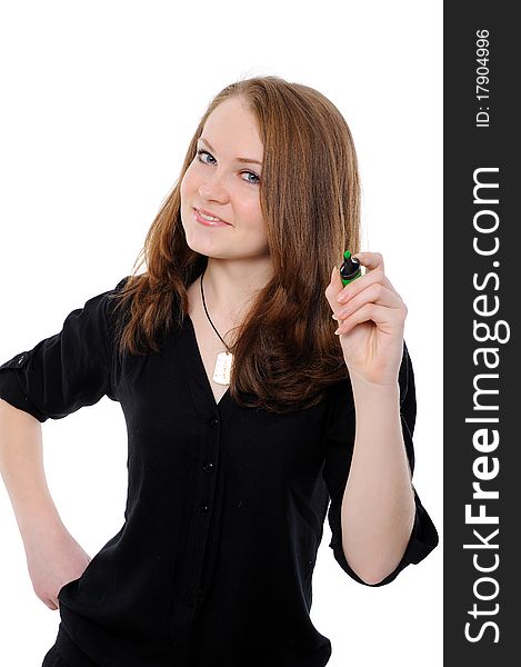 Young woman drawing something on screen with a pen - isolated over a white background