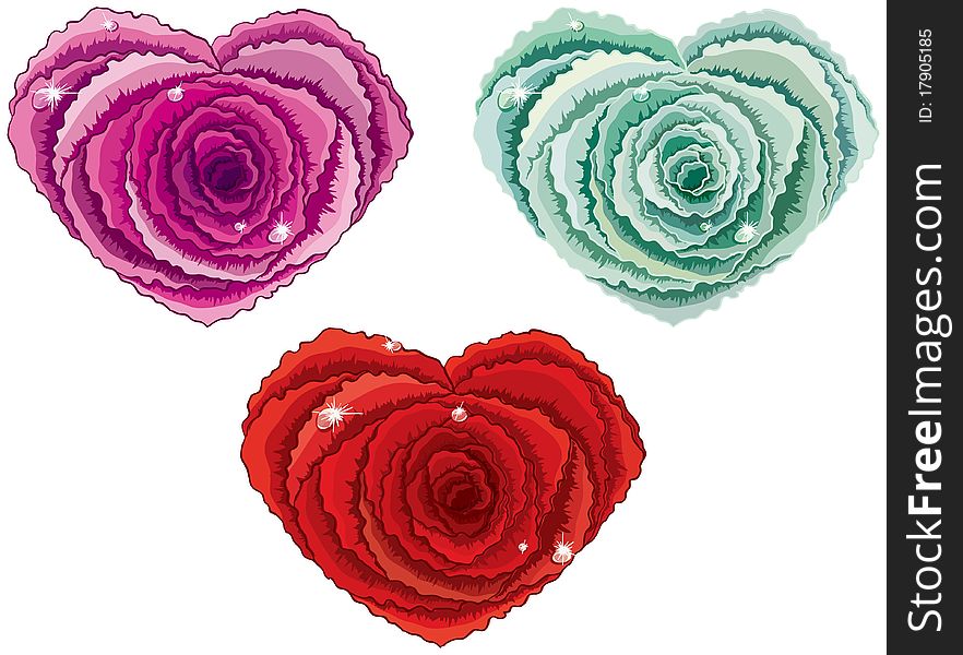 Heart shaped three beautiful colorful roses. Heart shaped three beautiful colorful roses