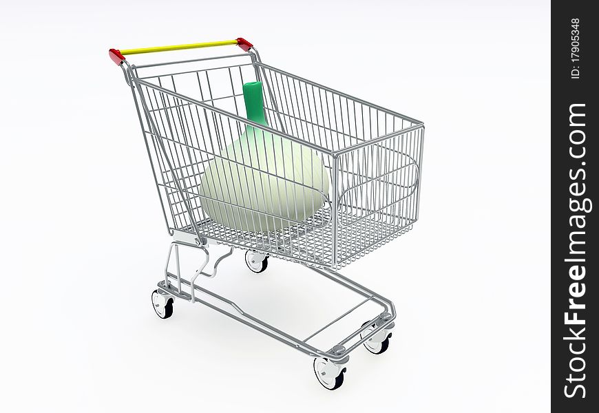 Shopping cart with big onion inside isolated on white background