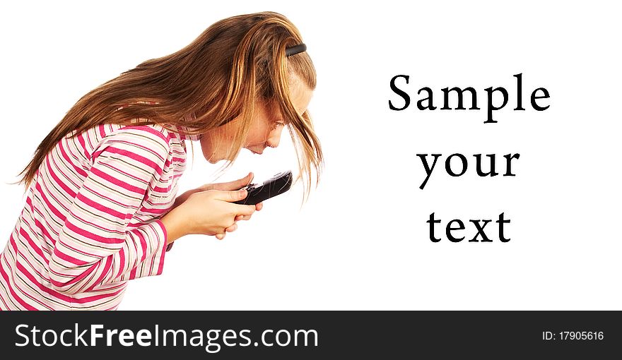 Beautiful baby crying on the phone. Isolated on white background.