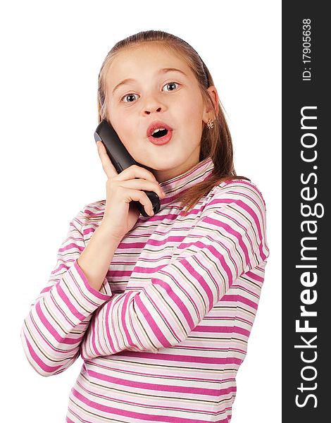 Beautiful child with a phone on a white background