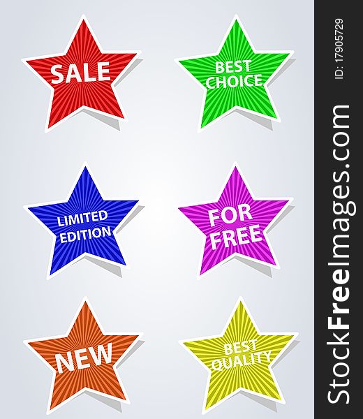 Set of six different colors labels star. Set of six different colors labels star