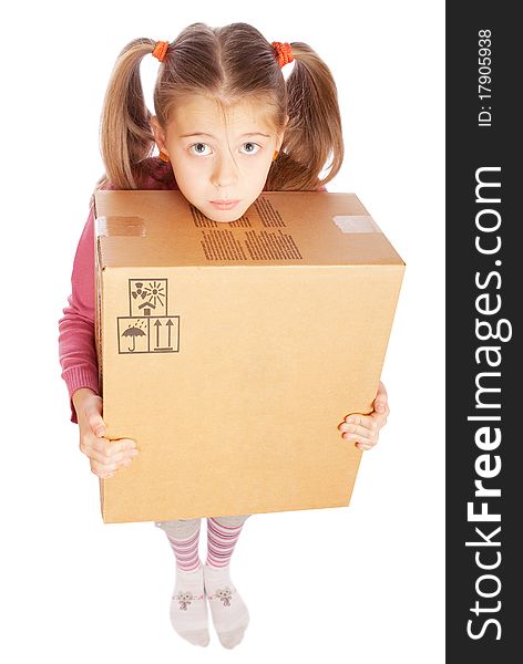 A little girl with a cardboard box - top view on a white background