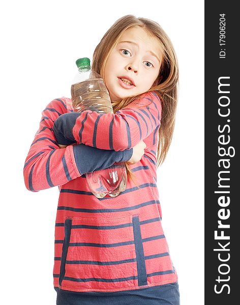 Schoolgirl with a bottle of mineral water in hand on white background